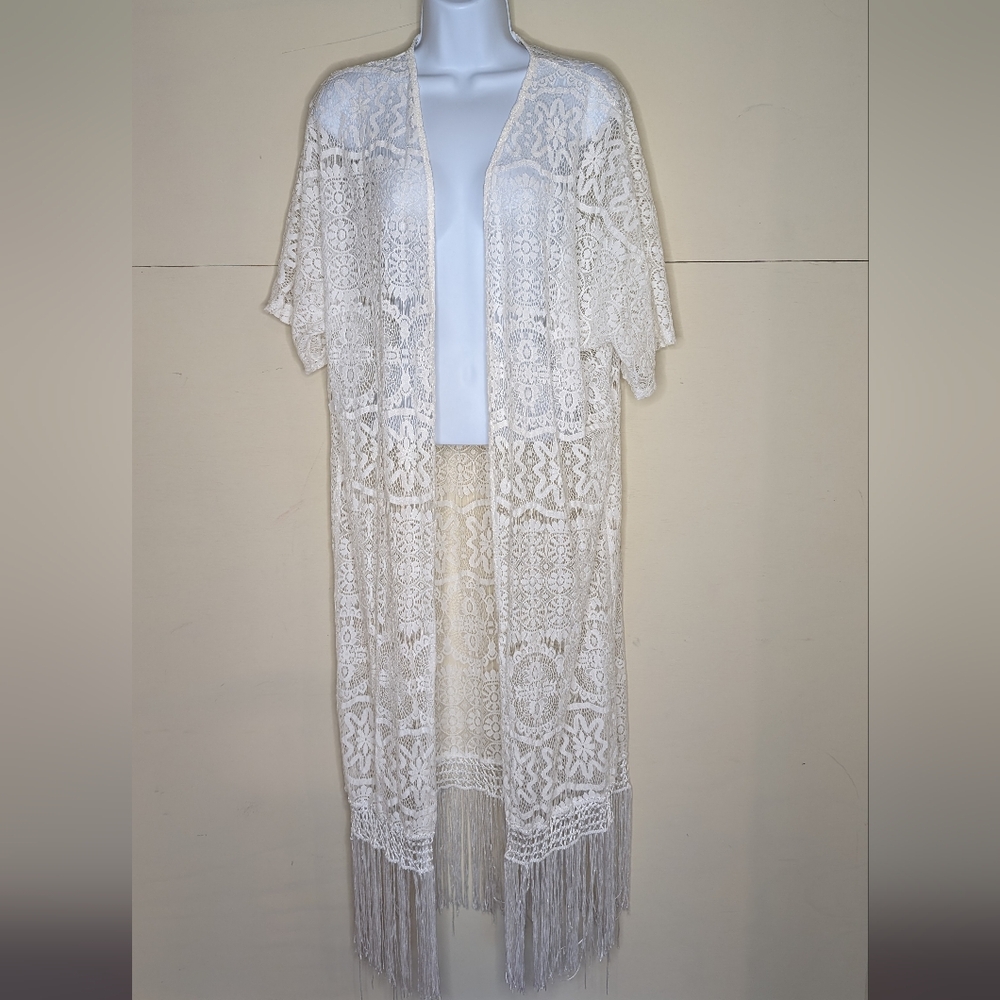 Lace Coverup Kimono Short Sleeve with Fringe - Picture 1 of 6